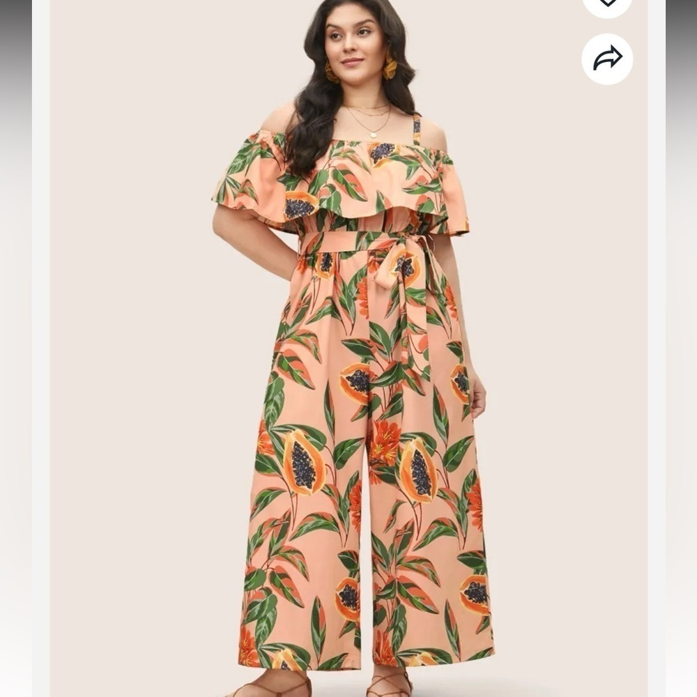 BloomChic Plus Size Citrus Fruit Print Belted Ruffle Trim Jumpsuit